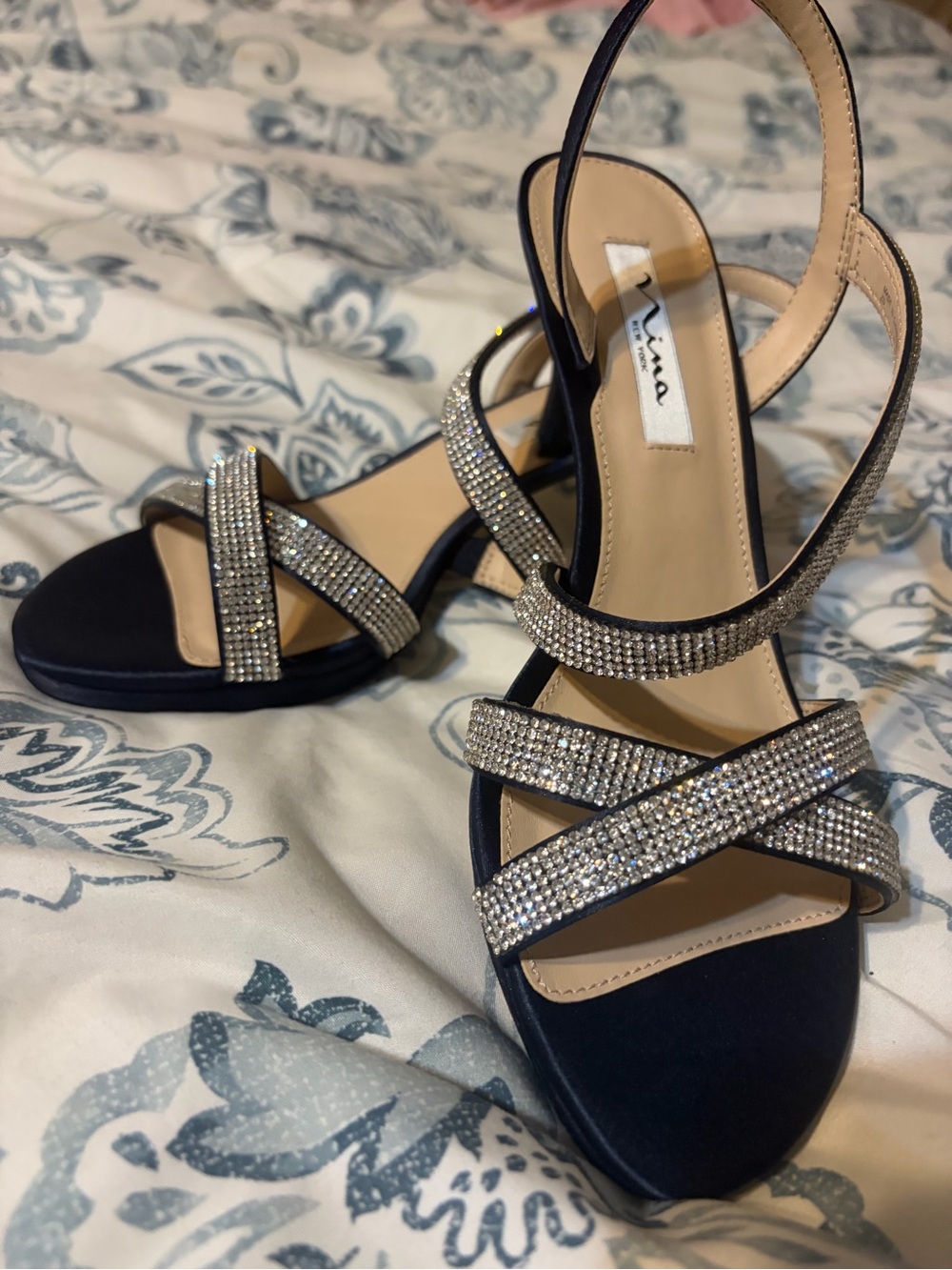 Nina NEW YORK Navy Crystal Strappy Sandals with Rhinestone Bands